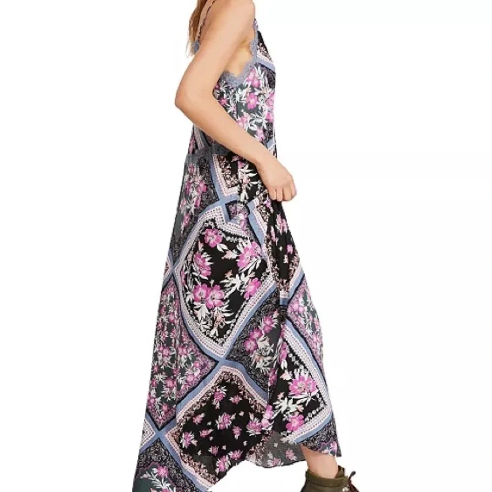 NWT Free People Intimately Stevie Printed Maxi Slip Dress Size S Graphite Combo